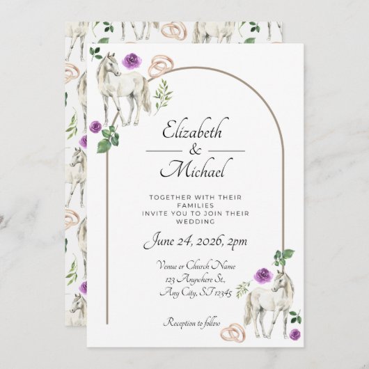 Equestrian Purple Floral Wedding Invitation  招待状 (正面/裏面)