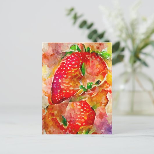 Erdbeeren in Aquarell. Gemalte Früchte. ポストカード (スタンド正面)