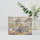 Eric Ravilious art、River Thames、Chiswick Eyot ポストカード (スタンド正面)