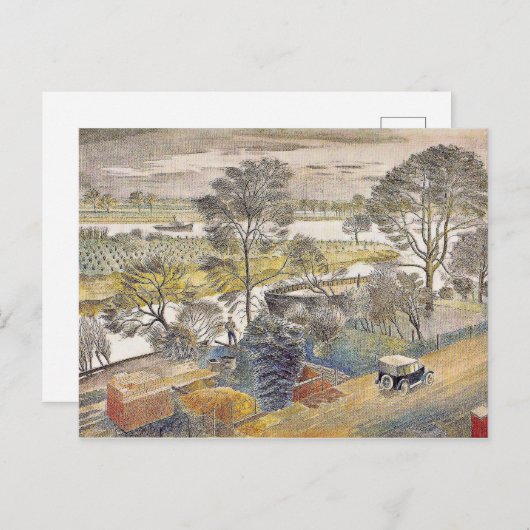 Eric Ravilious art、River Thames、Chiswick Eyot ポストカード (正面/裏面)