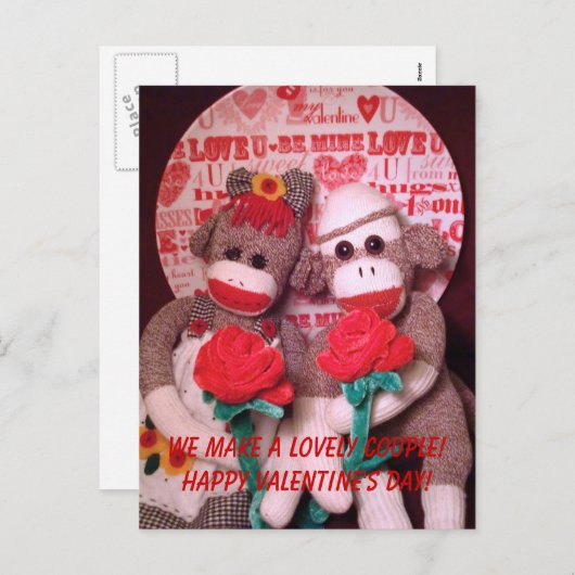 Ernieソックス猿のバレンタインのカップルの郵便はがき シーズンポストカード (正面/裏面)