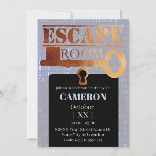 Escape Roomパーティーロックおよび鍵バイナリコード 招待状 (正面)