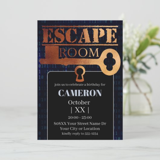 Escape Roomパーティーロックと鍵バイナリコードブラック 招待状 (スタンド正面)