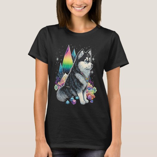 Esoteric Husky Dog Crystals Cute Illustration Tシャツ (正面)