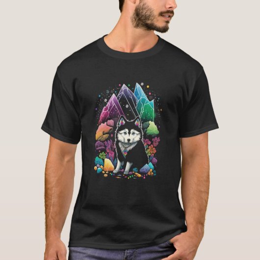 Esoteric Husky Dog Crystals Cute Illustration Tシャツ (正面)