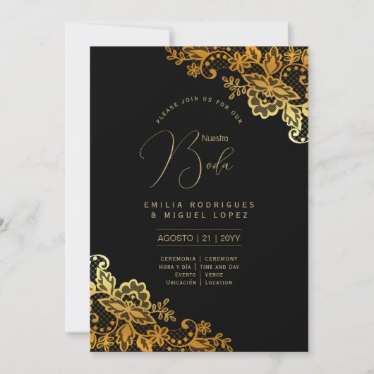 Espanol Invitación Boda Elegant Black Gold Wedding 招待状 (正面)