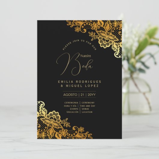 Espanol Invitación Boda Elegant Black Gold Wedding 招待状 (スタンド正面)
