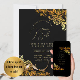Espanol Invitación Boda Elegant Black Gold Wedding 招待状