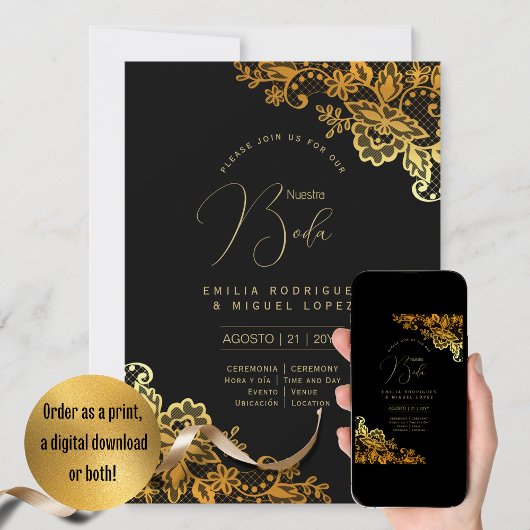 Espanol Invitación Boda Elegant Black Gold Wedding 招待状