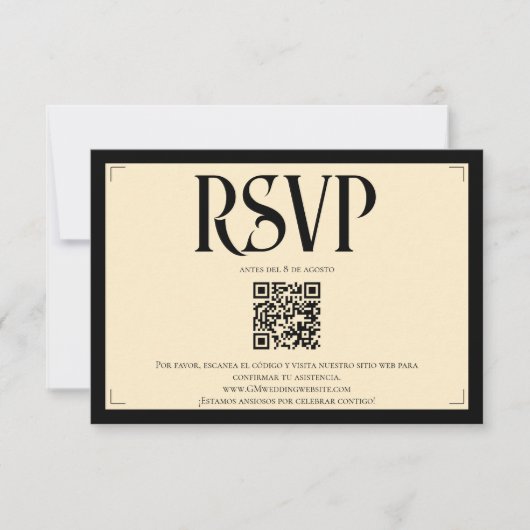 Espanol  Monogram Art Deco Ivory Wedding QR code 出欠カード (正面)