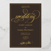 Espresso Brown Gold Wedding Script Calligraphy 箔招待状 (正面)