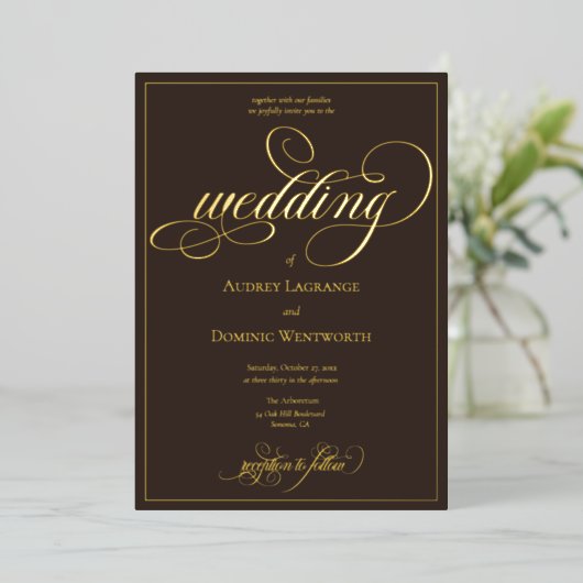 Espresso Brown Gold Wedding Script Calligraphy 箔招待状 (立ち正面)