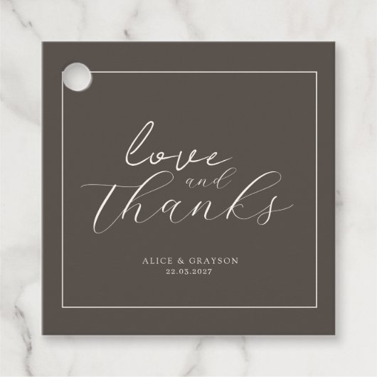 Espresso Brown Script Classic Minimalist Wedding フェイバータグ (正面)