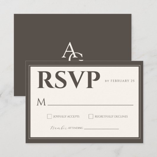 Espresso Brown Script Classic Minimalist Wedding 出欠カード (正面/裏面)