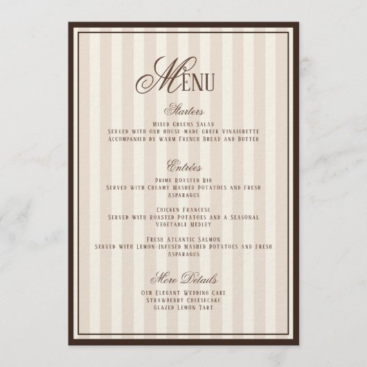 Espresso Cappuccino Striped Wedding Menu  Card 招待状 (正面)