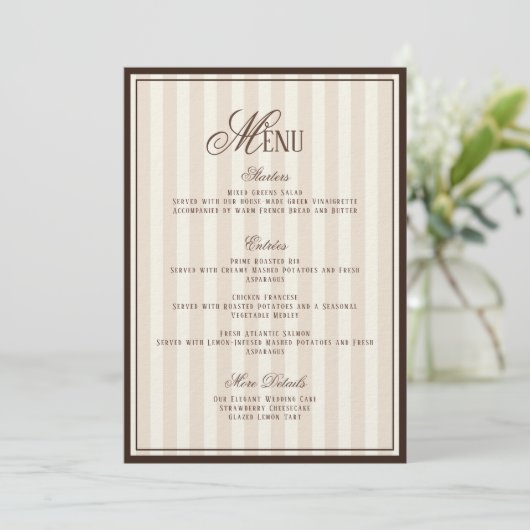 Espresso Cappuccino Striped Wedding Menu  Card 招待状 (スタンド正面)