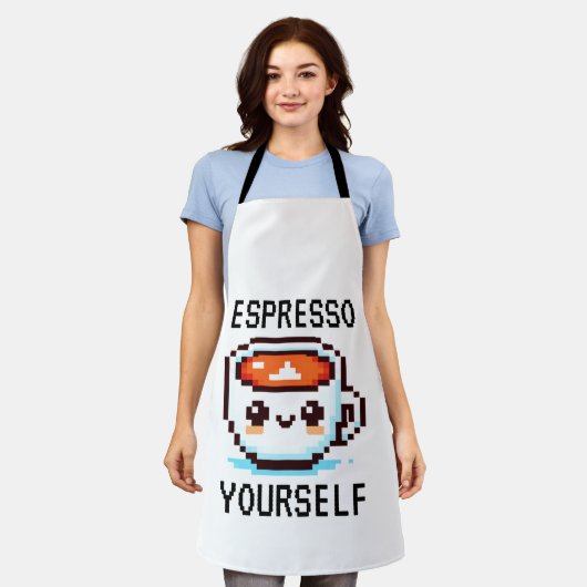 Espresso Yourself - Pixel おもしろい Art Coffeeデザイン エプロン (着用した状態)