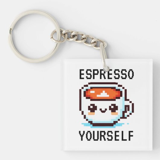 Espresso Yourself - Pixel おもしろい Art Coffeeデザイン キーホルダー (正面)