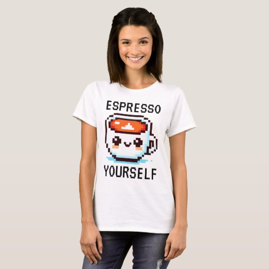 Espresso Yourself - Pixel おもしろい Art Coffeeデザイン Tシャツ (正面フル)
