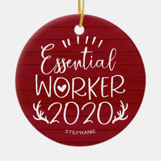 Essential Worker 2020 Covid Christmas Red Wood セラミックオーナメント (正面)