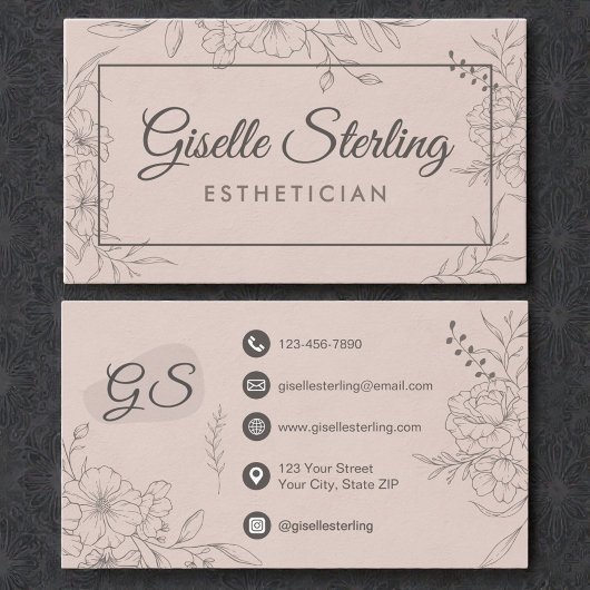 Esthetician Blush Floral Line Art Script 名刺