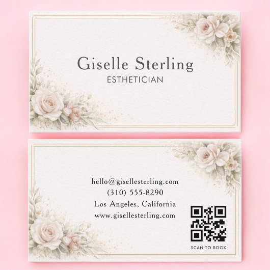 Esthetician Floral Neutral QR Code Professional 名刺
