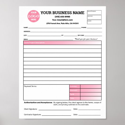 Estimate Quote Job Proposal Forms Contractor Green ポスター (正面)