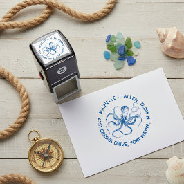 Etched Vintage Octopus Round Return Address Stamp セルフインキングスタンプ