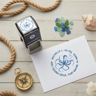 Etched Vintage Octopus Round Return Address Stamp セルフインキングスタンプ
