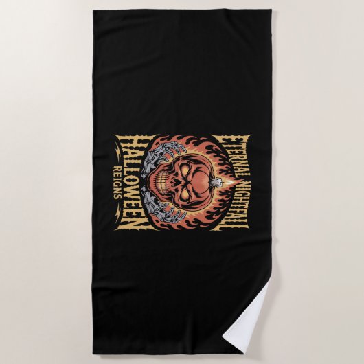 Eternal Nightfall Halloween Skull Pumpkin ビーチタオル (正面)