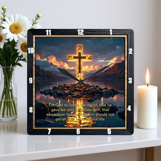 Eternal Promise The Cross Water Shore John 3:16  スクエア壁時計