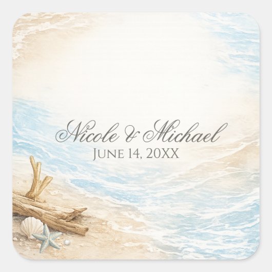 Eterntal Tides Coastal Watercolor Beach Wedding スクエアシール (正面)