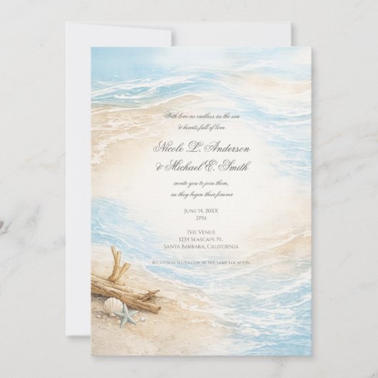 Eterntal Tides Coastal Watercolor Beach Wedding 招待状 (正面)