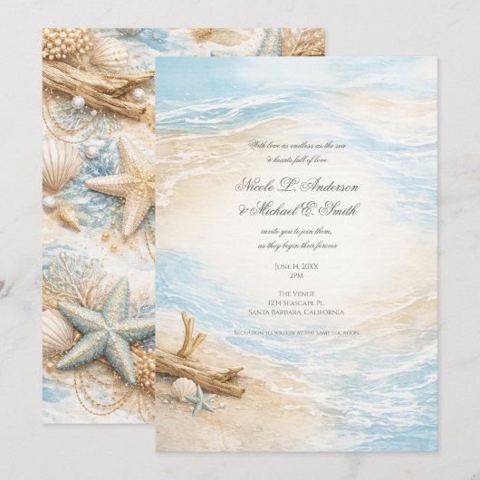 Eterntal Tides Coastal Watercolor Beach Wedding 招待状 (正面/裏面)
