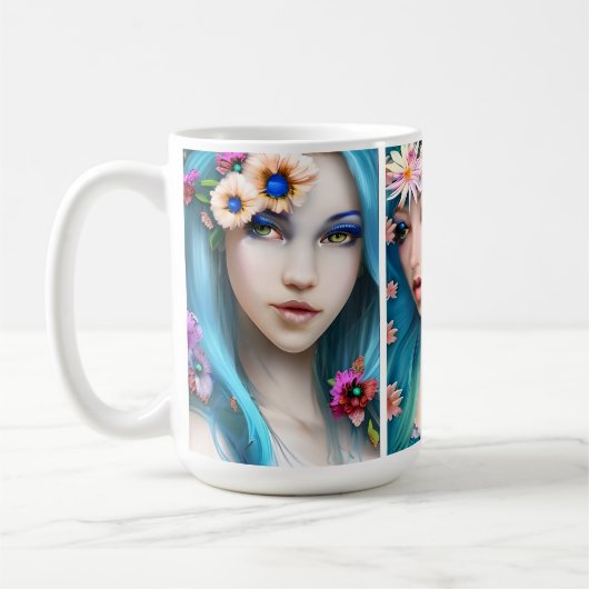 Etherealの女性が青い髪に花を付ける コーヒーマグカップ (左)