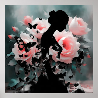 Etherealアートバレリーナ&蝶ブラック/ピンク ポスター