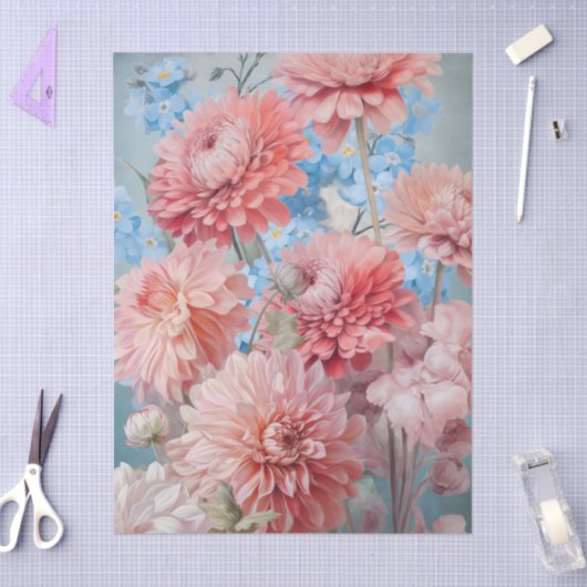 Etherealピンクと青の花のデコページ 薄葉紙 (クラフト)