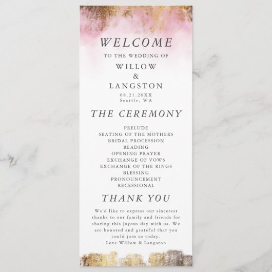 Etherealピンクの水色と金ゴールド結婚の儀式 プログラム (正面)