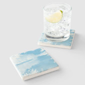 Etherealファンタジーブルー、白い冬の川 ストーンコースター (横)