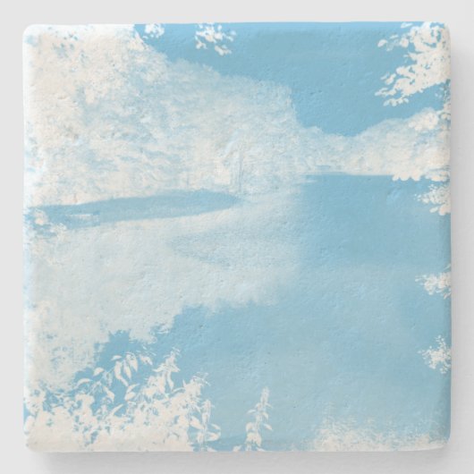 Etherealファンタジーブルー、白い冬の川 ストーンコースター (正面)