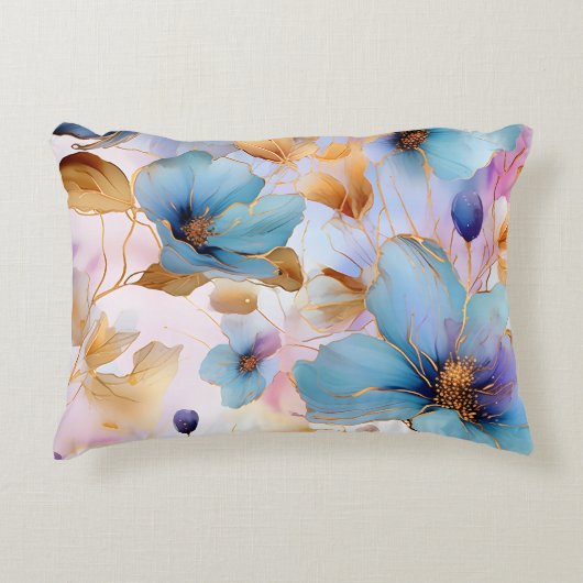 Etherealブルーフローラアルコールインクアクセントピロー アクセントクッション (正面)