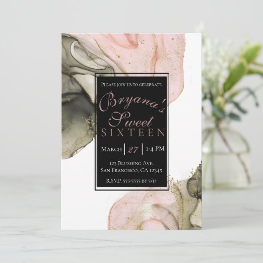 Etherealムーディピンクブラック金ゴールドインキグラムスウィート16 招待状 (スタンド正面)
