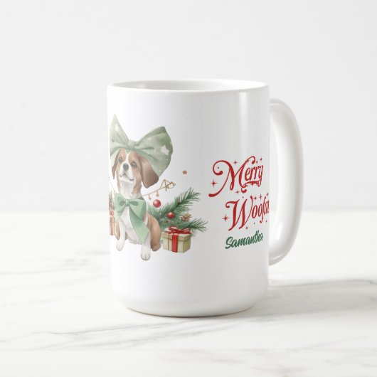 Ethereal水の色はクリスマスの弓と可愛いコルギ コーヒーマグカップ (正面右)