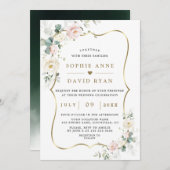 Ethereal水カラーバラ葉金ゴールド結婚の 招待状 (正面/裏面)