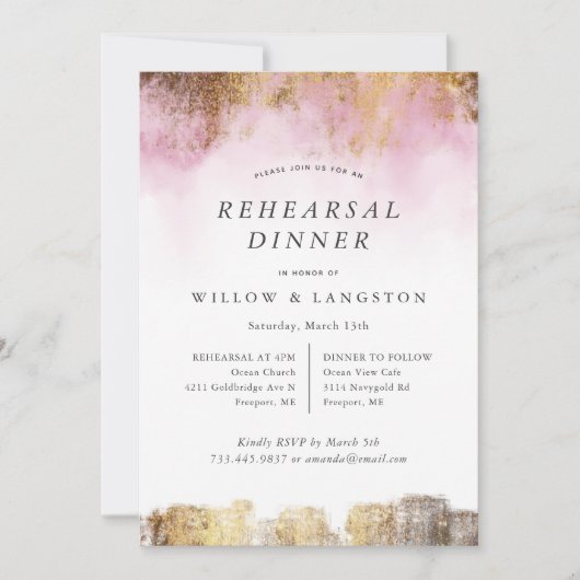 Ethereal水色ピンクの金ゴールドリハーサルディナー 招待状 (正面)