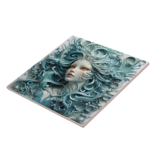 Ethereal美しい、詳細な青い髪の人魚 タイル (側面)