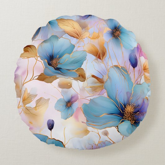 Ethereal青い花ソフトパステルアルコールインク ラウンドクッション (正面)