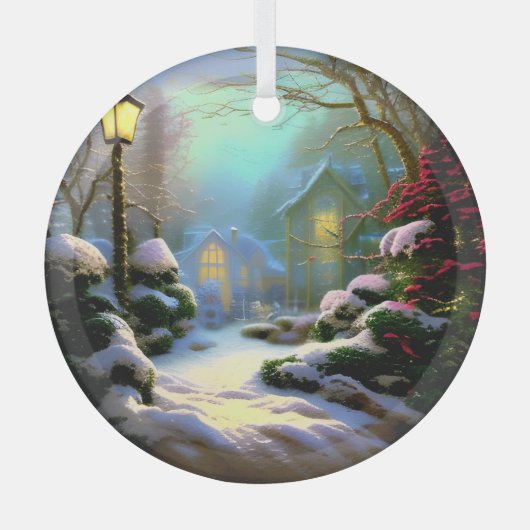 Ethereal 3Dルックウィンターシーンキンケデインスパイアー ガラスオーナメント (正面)