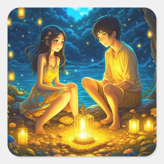 Ethereal Anime Boy and Girl and Golden Lantern スクエアシール (正面)