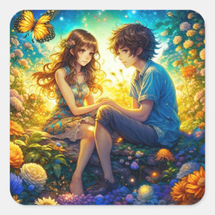 Ethereal Anime Boy and Girl in Love スクエアシール